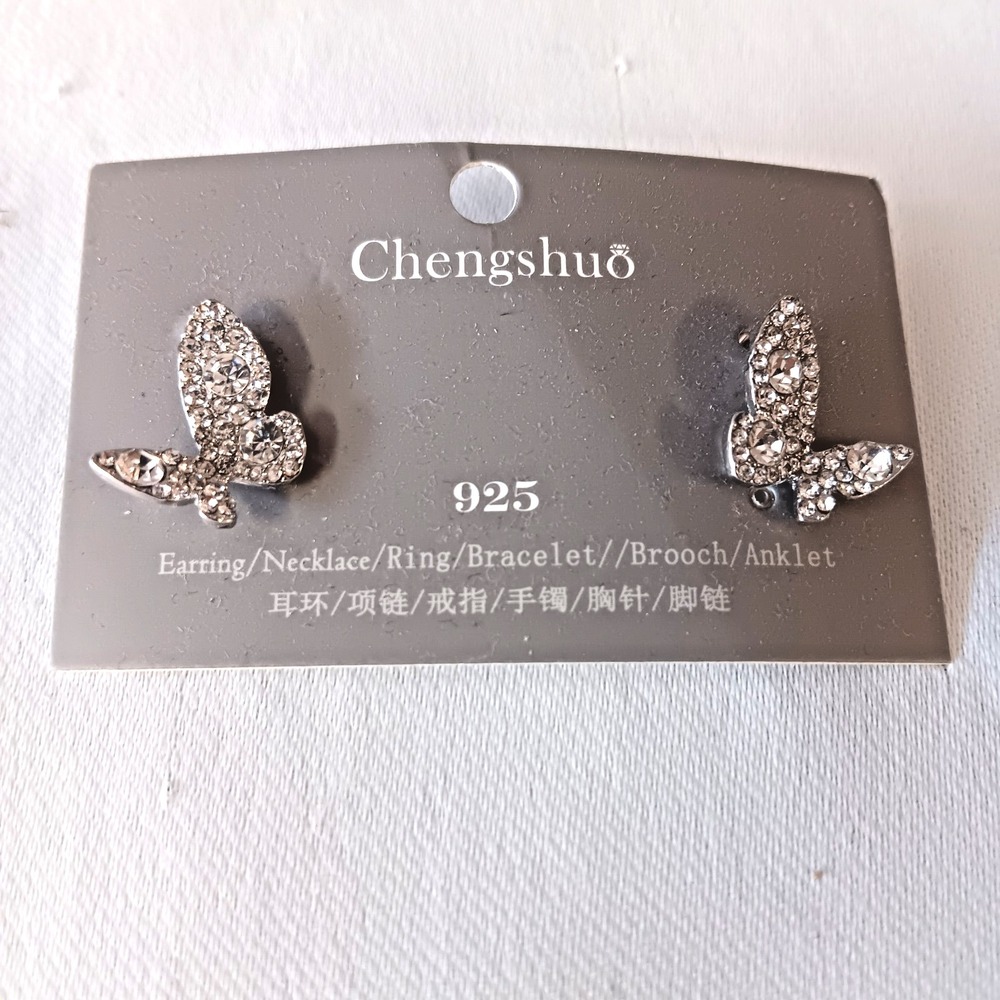 Chenghshuo Butterfly Stud Earrings 925 Silver Tone Sparkling Crystal Clear Stone